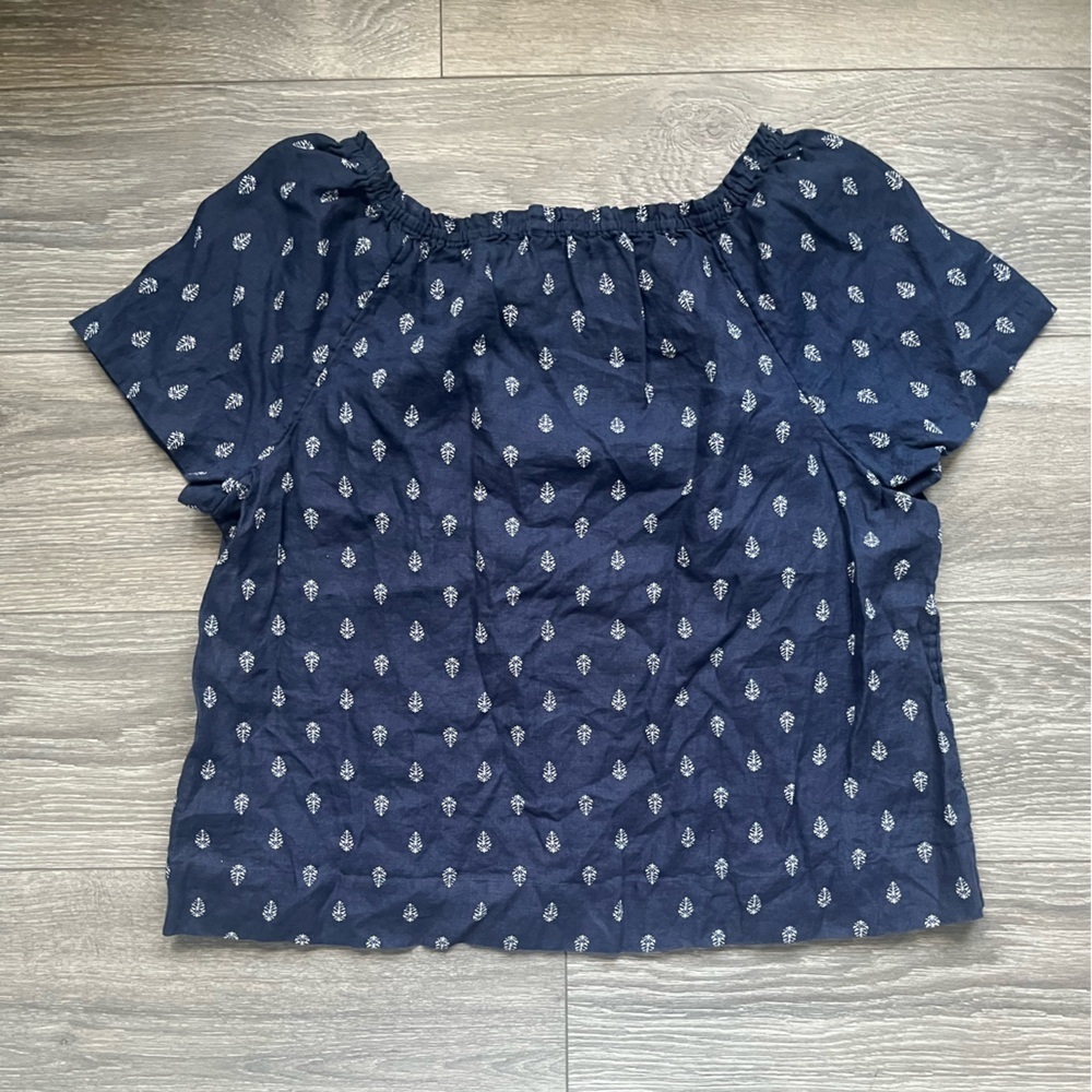 The White Company 100% Linen Navy White Leaf Short Sleeve Top Size 10 Spring - Picture 2 of 8